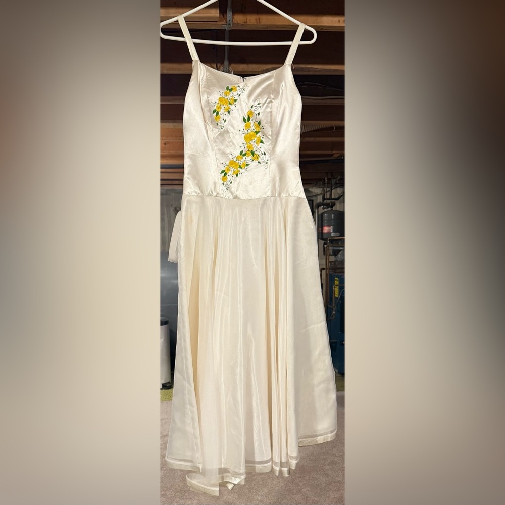 Elegant Cream Dress with Yellow Floral Embroidery